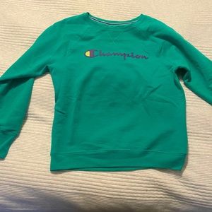 Green Champion crewneck with Purple logo, women’s size large